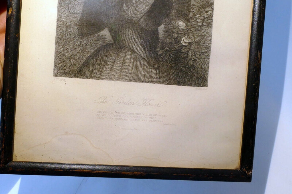 "The Garden Flower" Woman Engraving Victorian J. Wright Print Etching Poetry