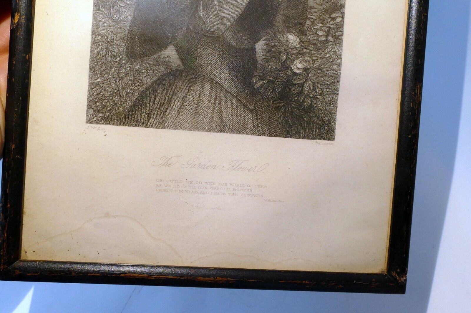"The Garden Flower" Woman Engraving Victorian J. Wright Print Etching Poetry