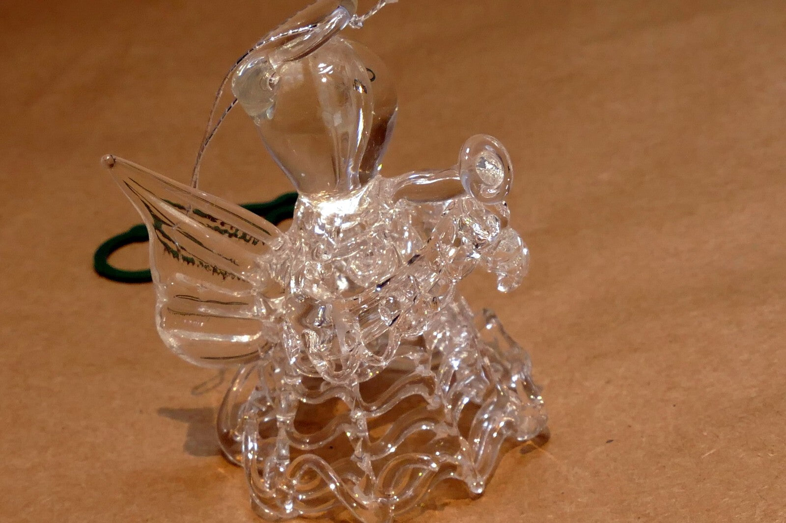 Spun Glass clear 2.5" hanging ornament angel with trumpet