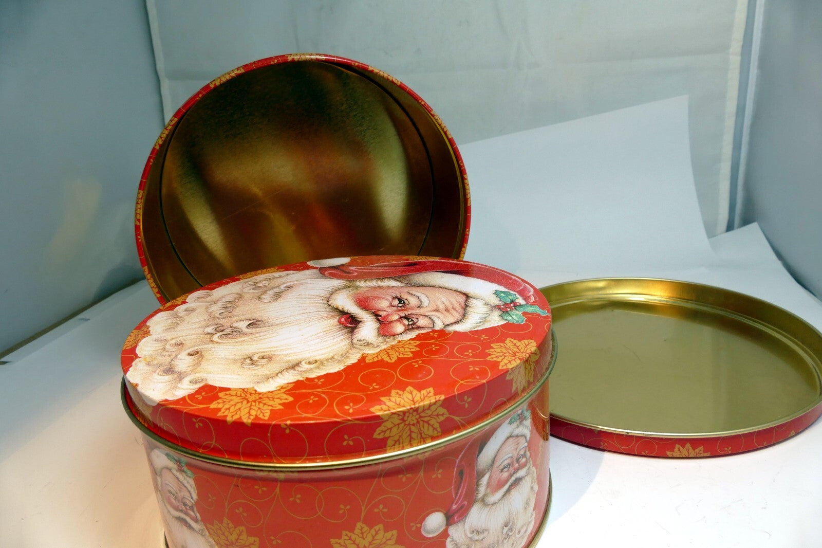 Two pack Cookies Candy Round Tin empty container Christmas eve Santa Claus smile