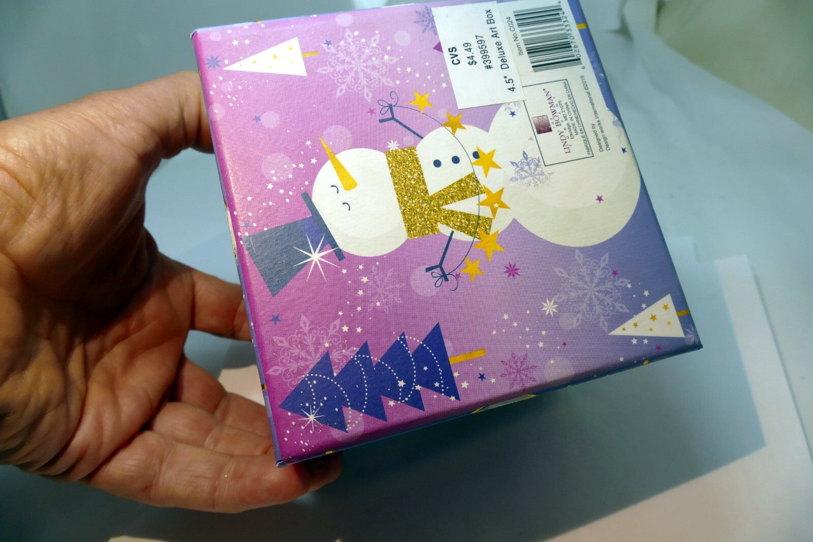 Empty Merry Christmas Snowman w/ Stars Cardboard Box Snow Forest purple gifts
