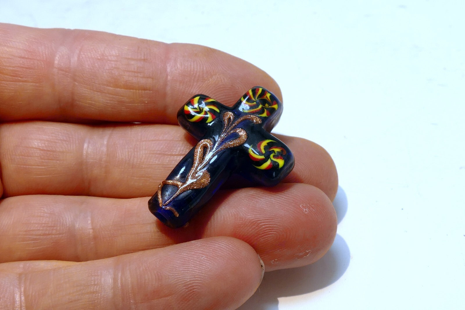 BLUE VENETIAN GLASS Dark Blue with Yellow floral design vintage 3.5cm