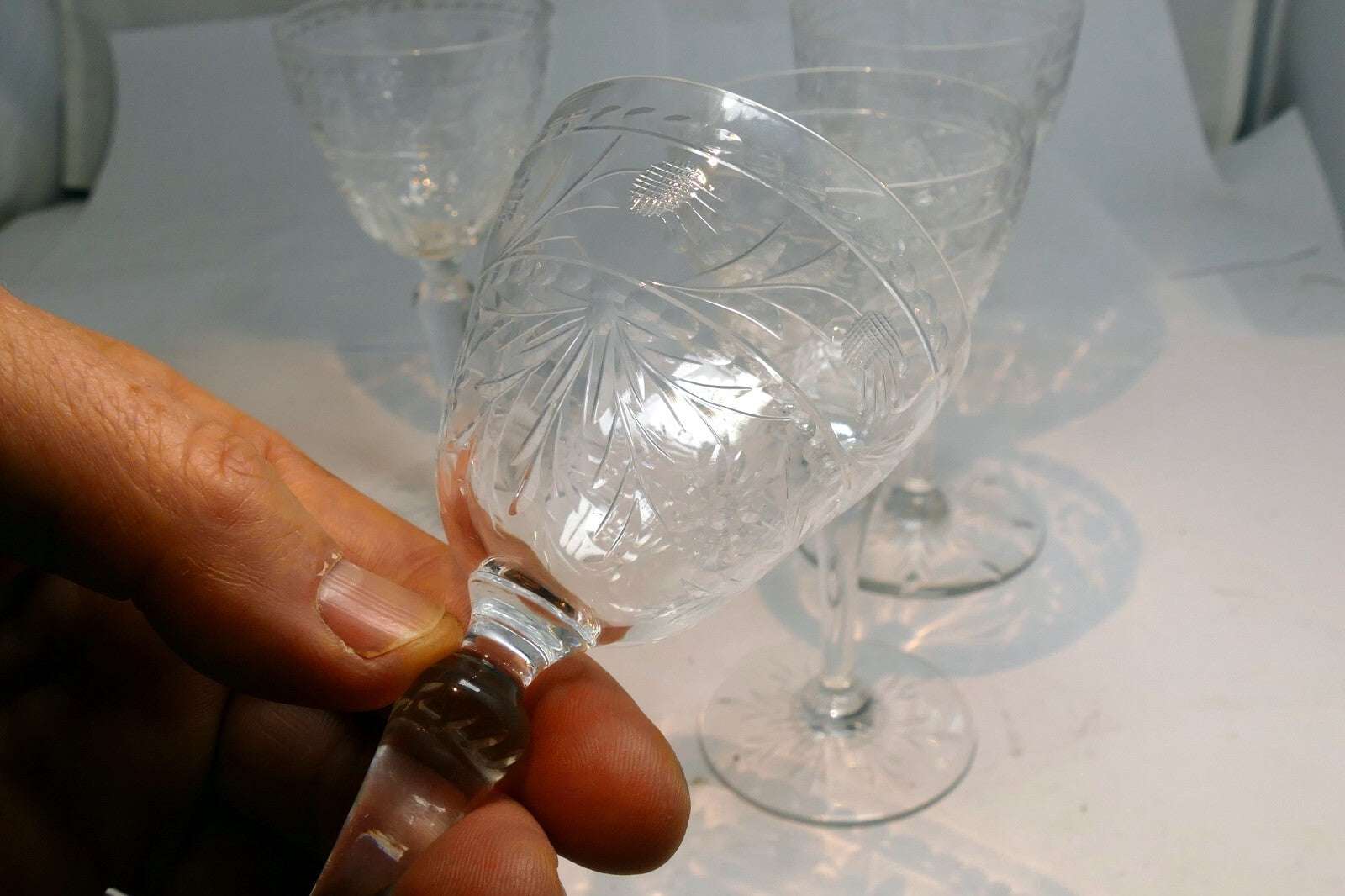 QUEEN'S Anne Lace Bohemian Wine Stem Glass Clear Cut Etched set of 4 Goblets