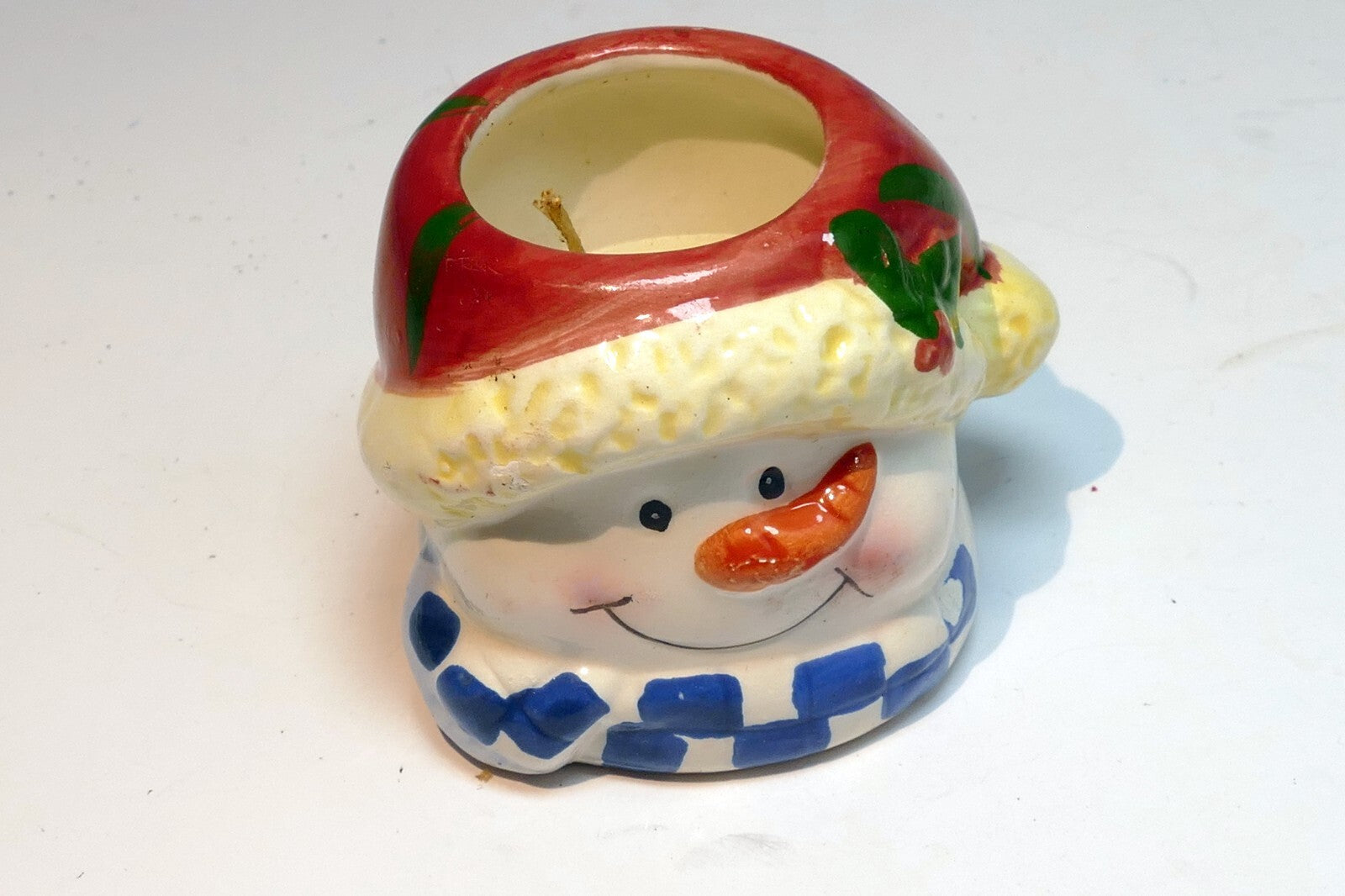 snowman tealight candle holder  vintage clay pottery