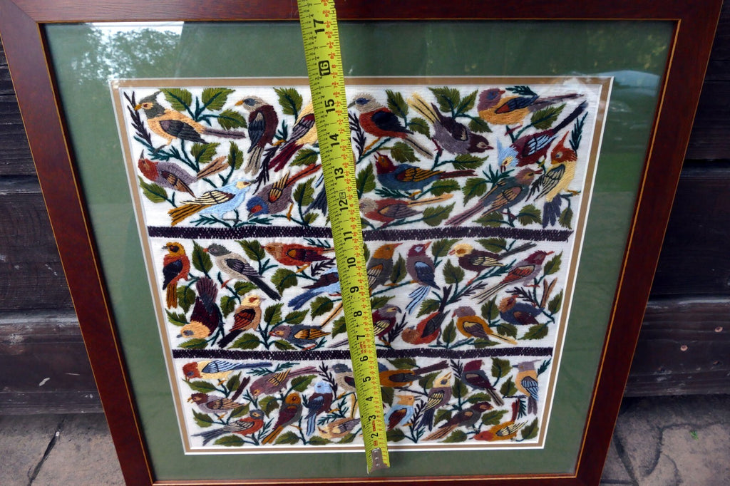 Large Bird Finch Cardinal Cross Stitch Needle Point Folk Art 15X15" Framed