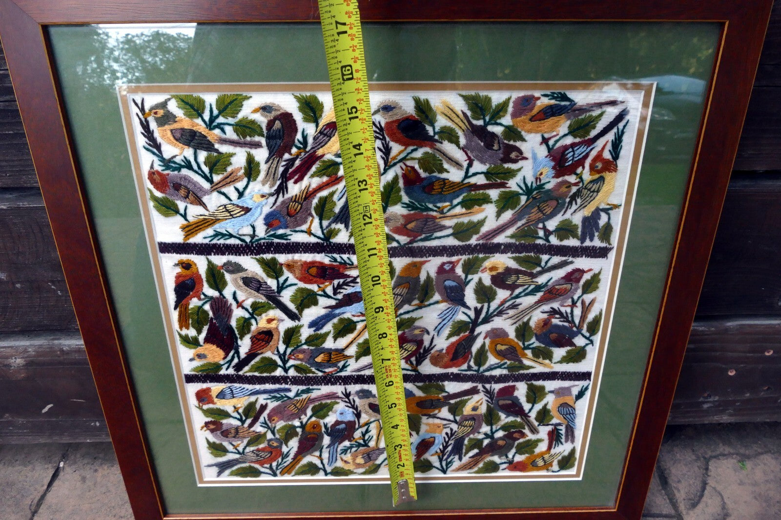 Large Bird Finch Cardinal Cross Stitch Needle Point Folk Art 15X15" Framed