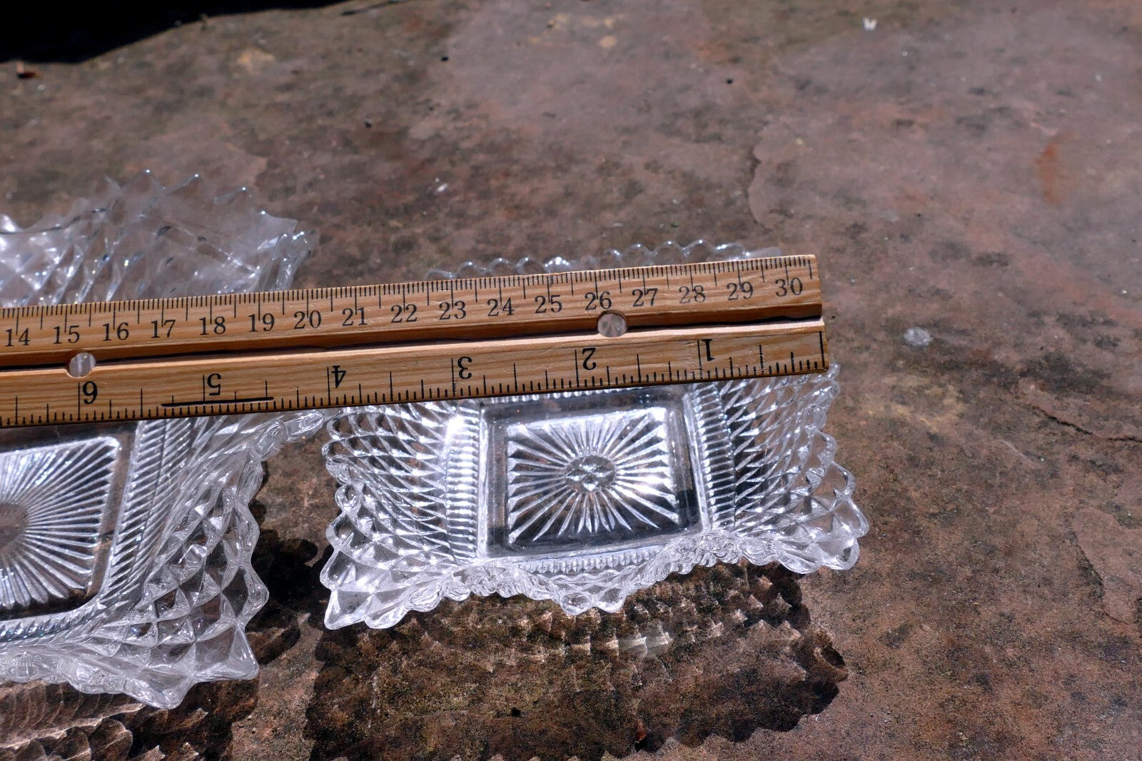 Set of 2 Clear Depression Glass Diamond Point Ruffle Edge Candy/Nut Dish