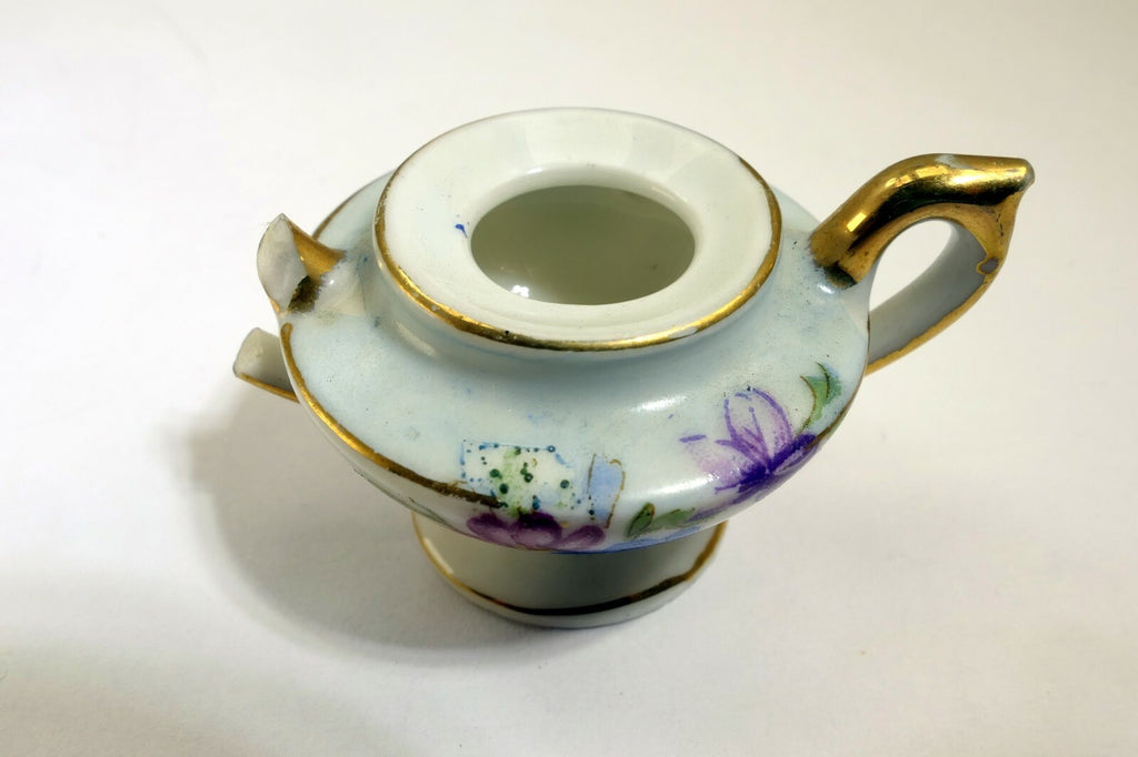 MINIATURE SUGAR CHINA VIOLETS FLOWERS PORCELAIN JAPAN 4X2cm FLORAL DESIGN