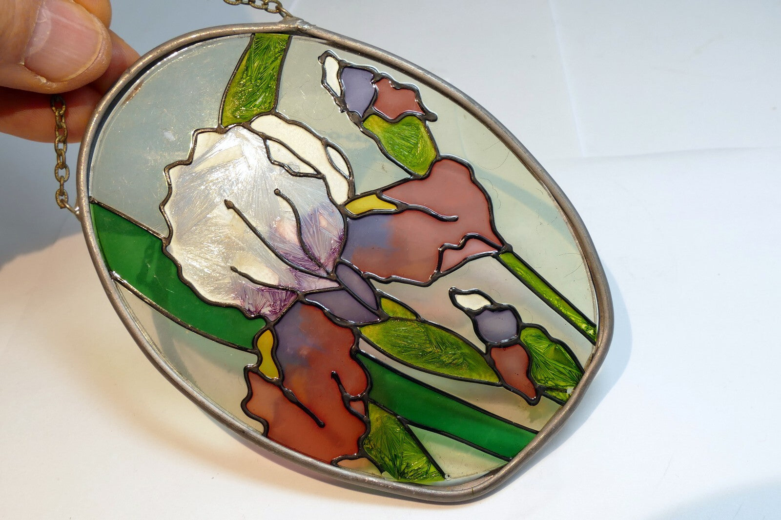 Garden Iris Flowers Stained Glass Suncatcher 5" Oval hanging sun catcher