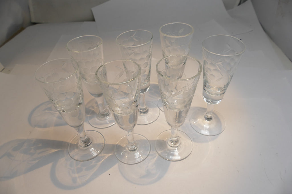 Lot of 7 Clear Crystal Goblets Cut Grape Ridges 1 oz Footed  Goblet small  set
