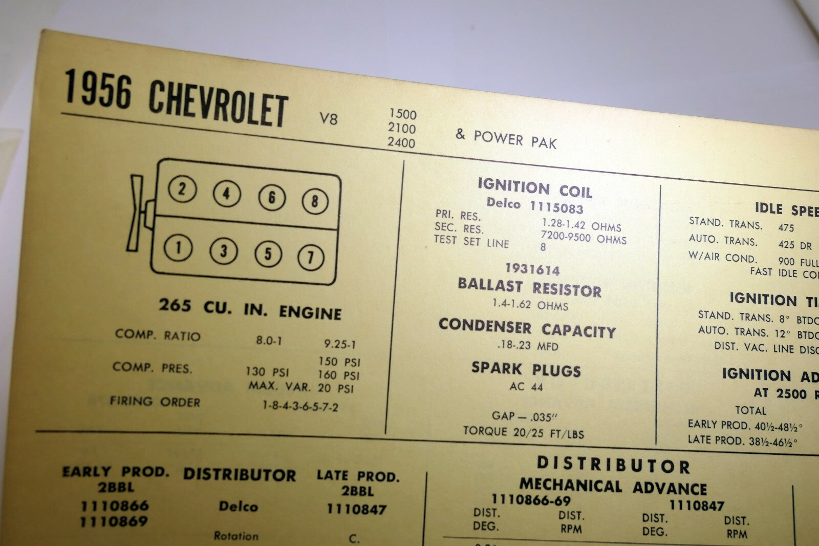 1956 chrysler v8 1500 2100 2400 & power pak sun electric car specs sheet chart