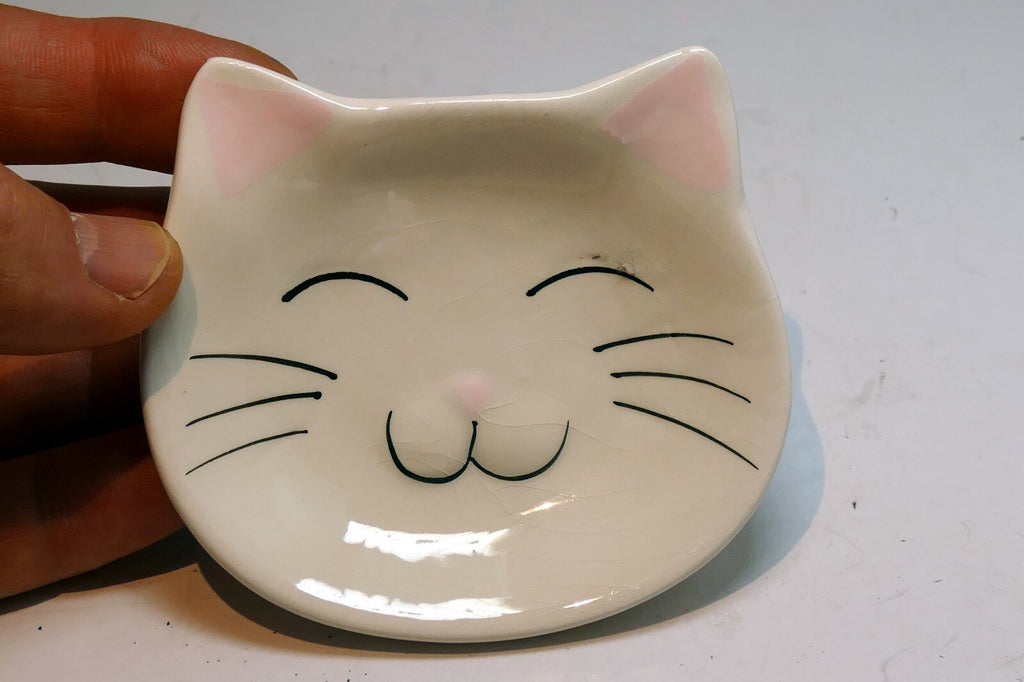 Small dish, tea bag plate, ceramic cat shaped pink white smiling cat