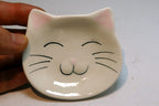 Small dish, tea bag plate, ceramic cat shaped pink white smiling cat