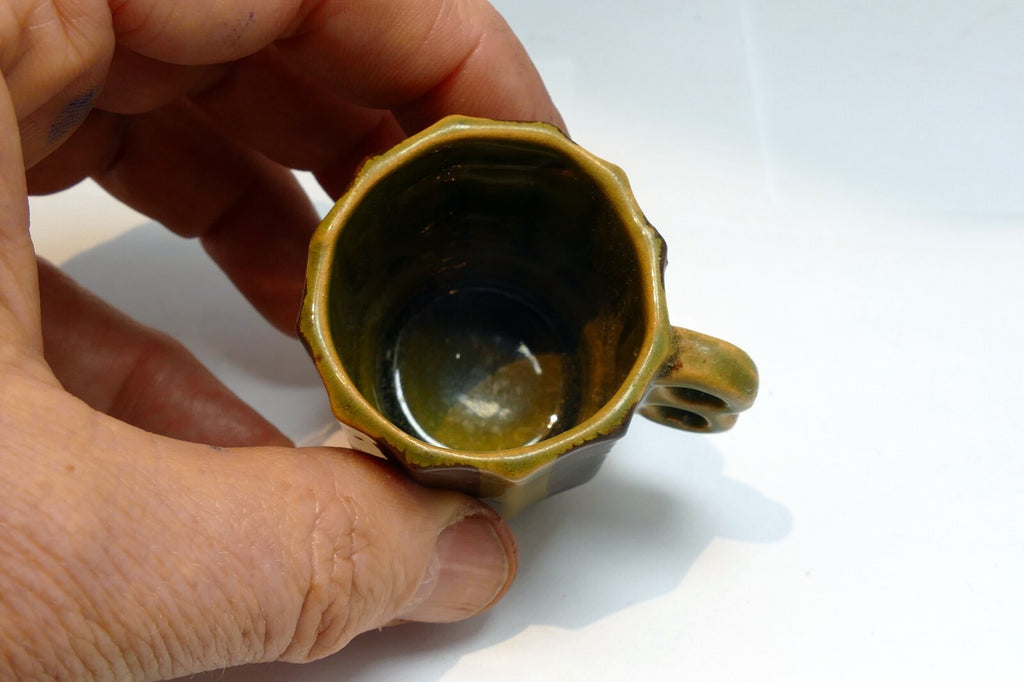 Green Japanese Stacking Double-Handled Coffee/Tea Cup Lines small 2" green brown