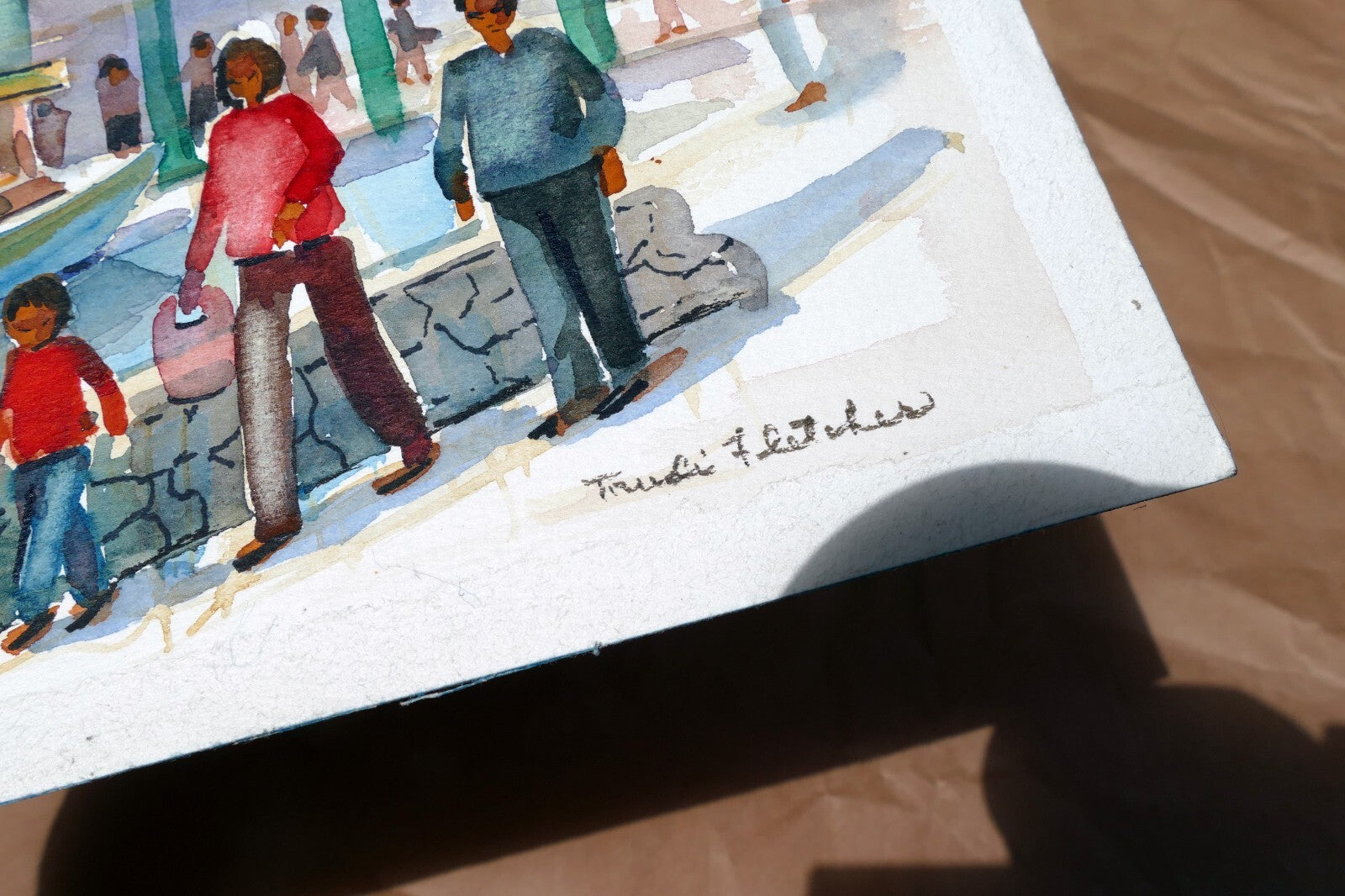 Beach people walking Watercolor by Freddie Fletcher  signed unframed 9X12"