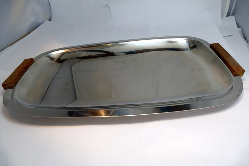 stainless steel rectangle platter serving dish  8X12" w/ wooden handles