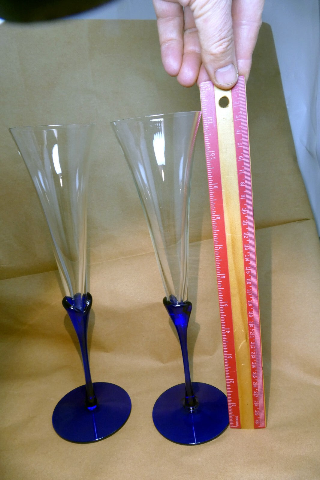 2 COLONY Glasses Flutes Wine Champagne Amaryllis Stem Cobalt Blue 11.2" tall set