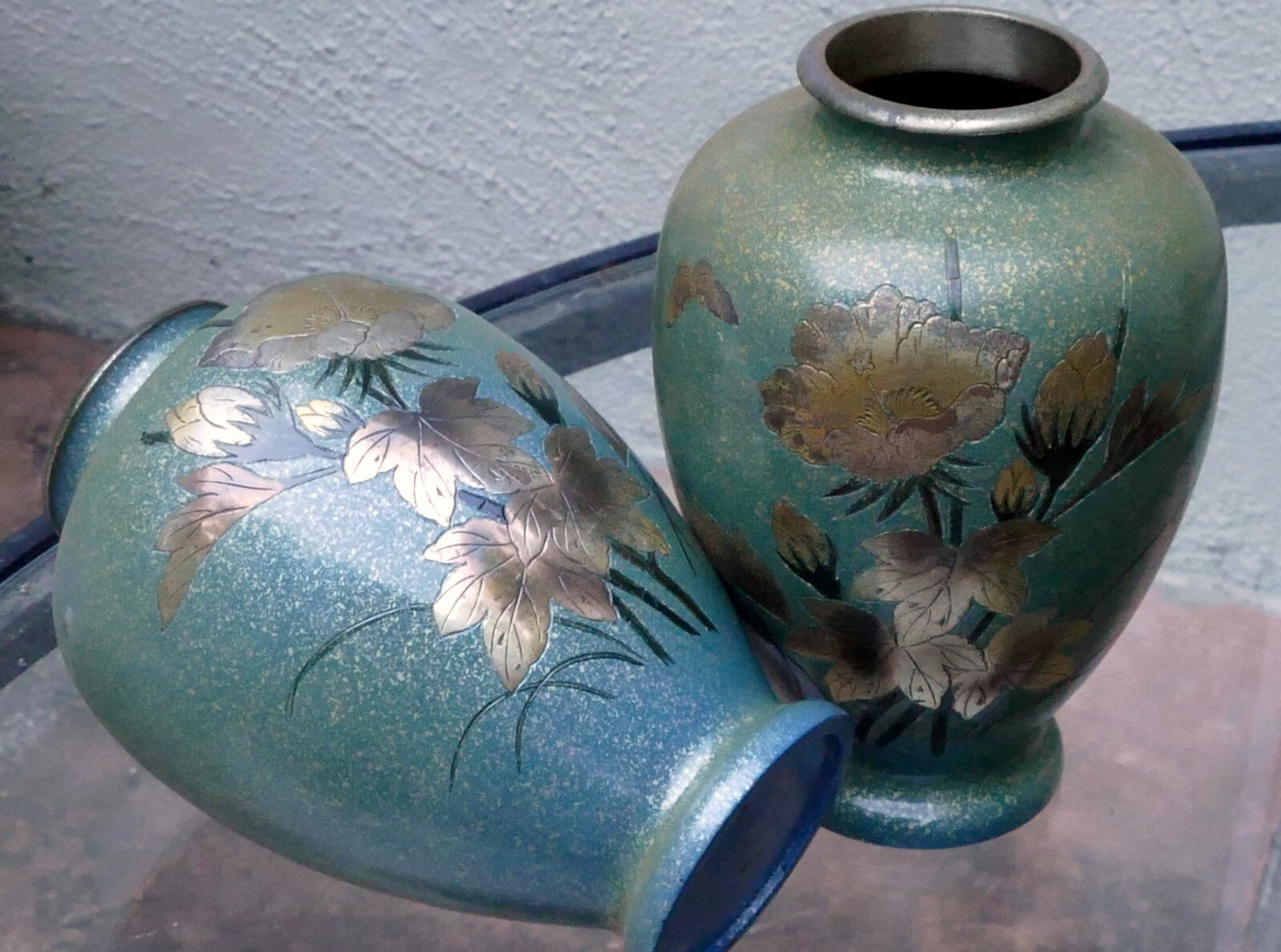 Pair Of Antique Japanese Brass Vases set of two mixed metal