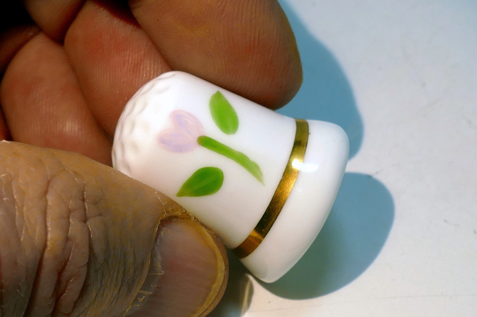 Porcelain Thimble Souvenir Pink Tulip Flower  gold rim