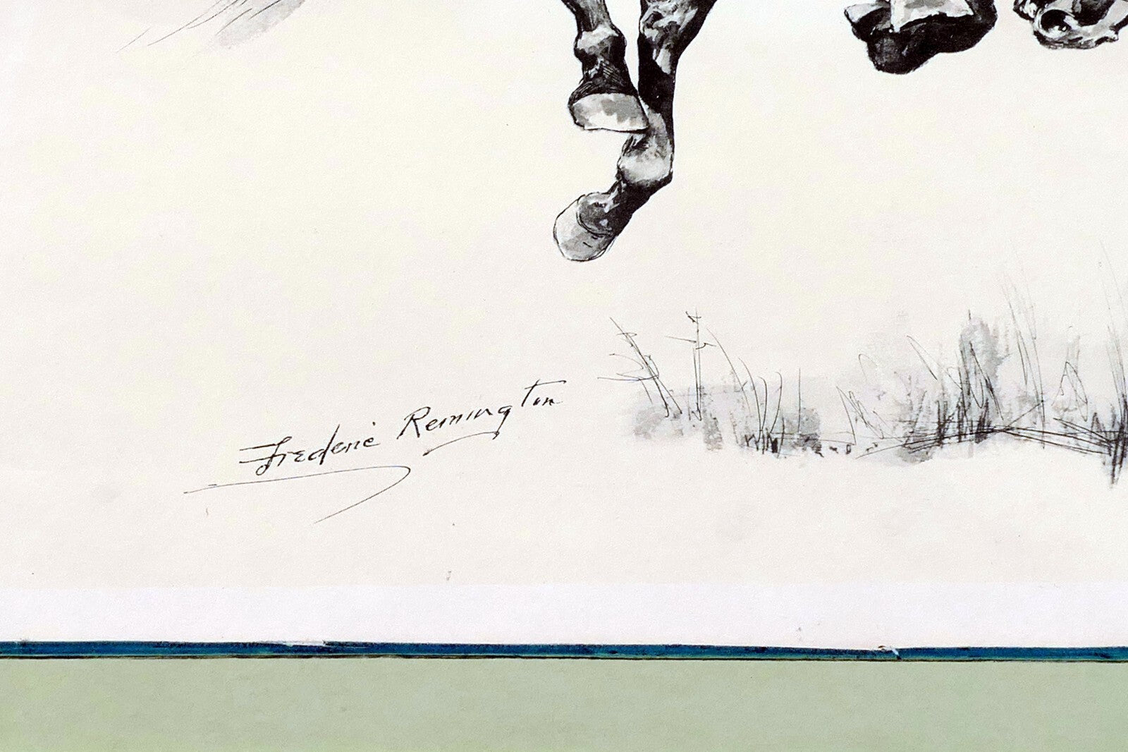 Running Bucker signed Frederic Remington cowboy on a bronco unframed 13X17"