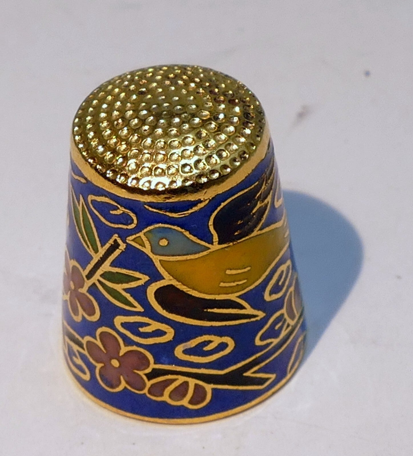 Thimble souvenir blue yellow bird floral metal cloisonne brass