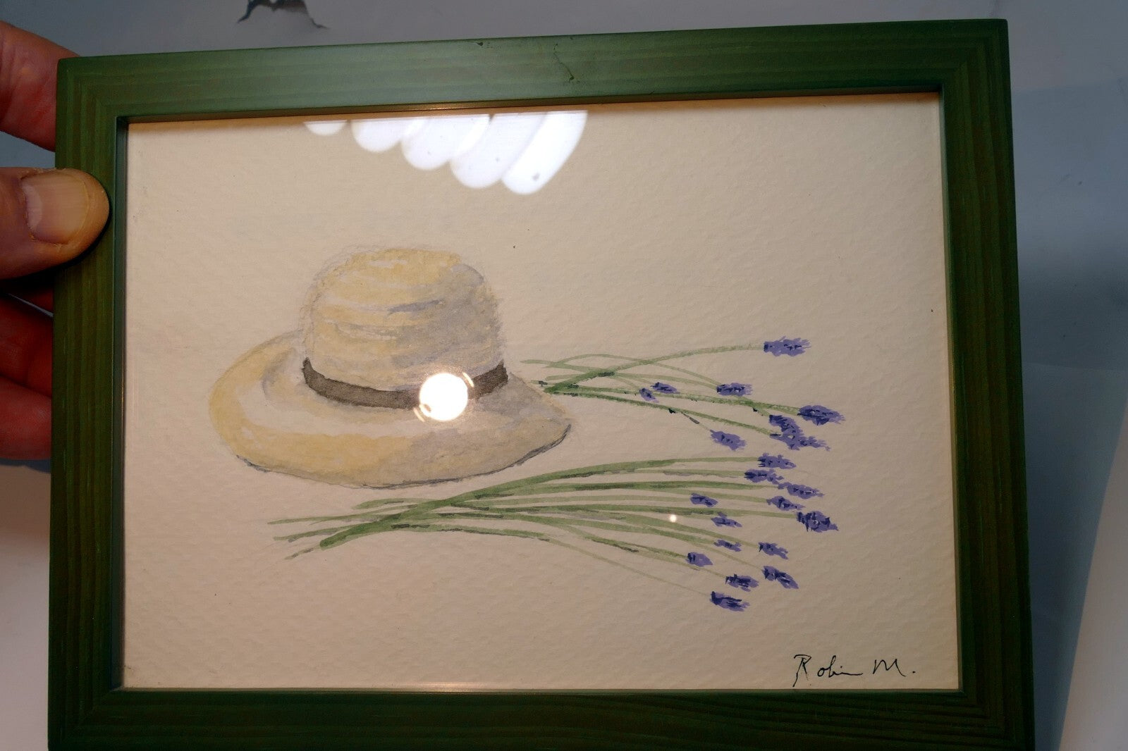 watercolor painting Straw Hat with Lavender Signed By Robin M.