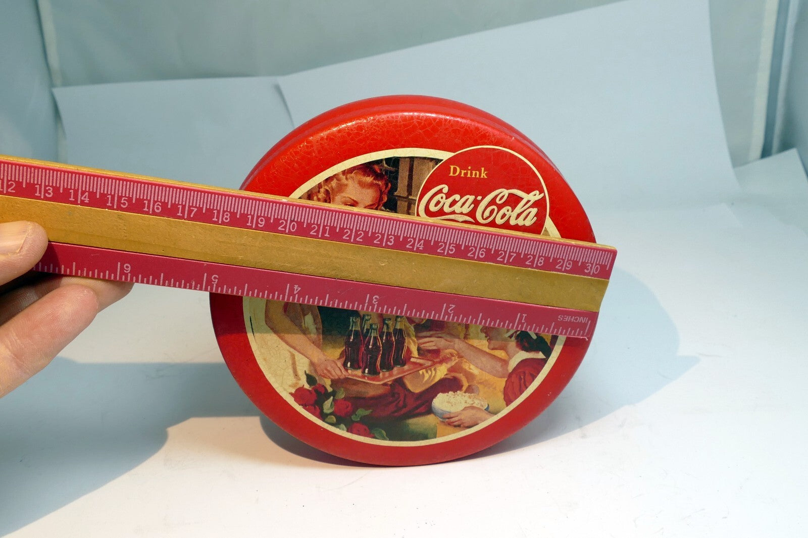 Coca-Cola Tin Can  Red & Gold "Delicious and Refreshing" Drink round 5"