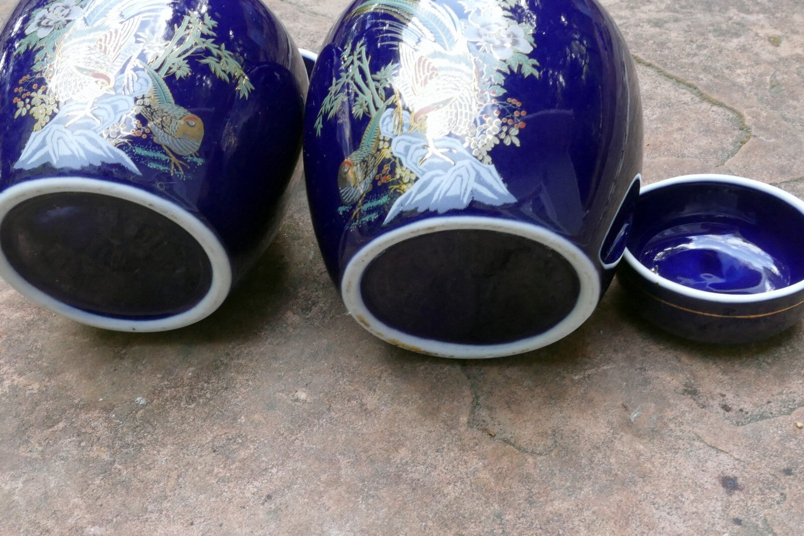 Kutani Ware Cobalt Blue Peacock/Floral Hand Painted Ginger Jar 5.5" tall 2 pack