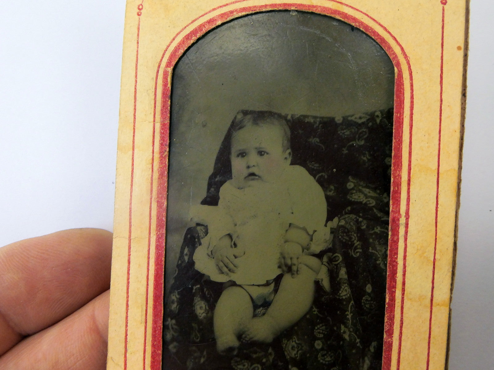 TINTYPE PHOTO Ferrotype Baby Girl VINTAGE ANTIQUE Picture Photograph 2X3" 1900