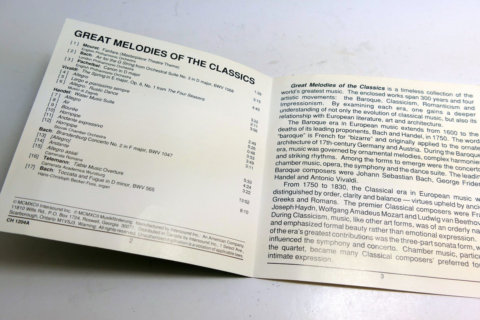 INLAY Cover ART Only NO Case, or CD included - Great Melodies of the Classics