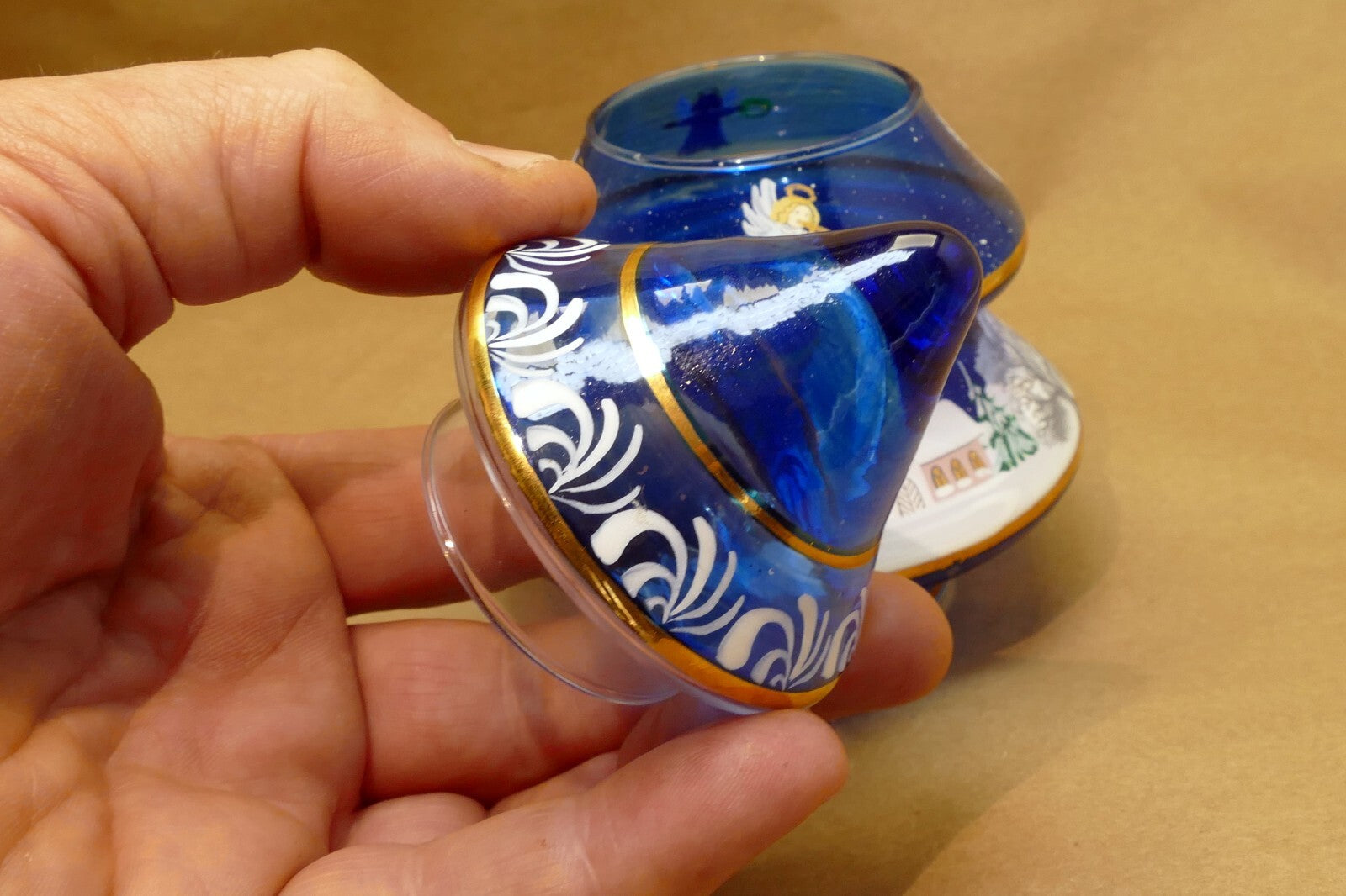 5" Hand Blown Glass Christmas Scene trinket box painted blue