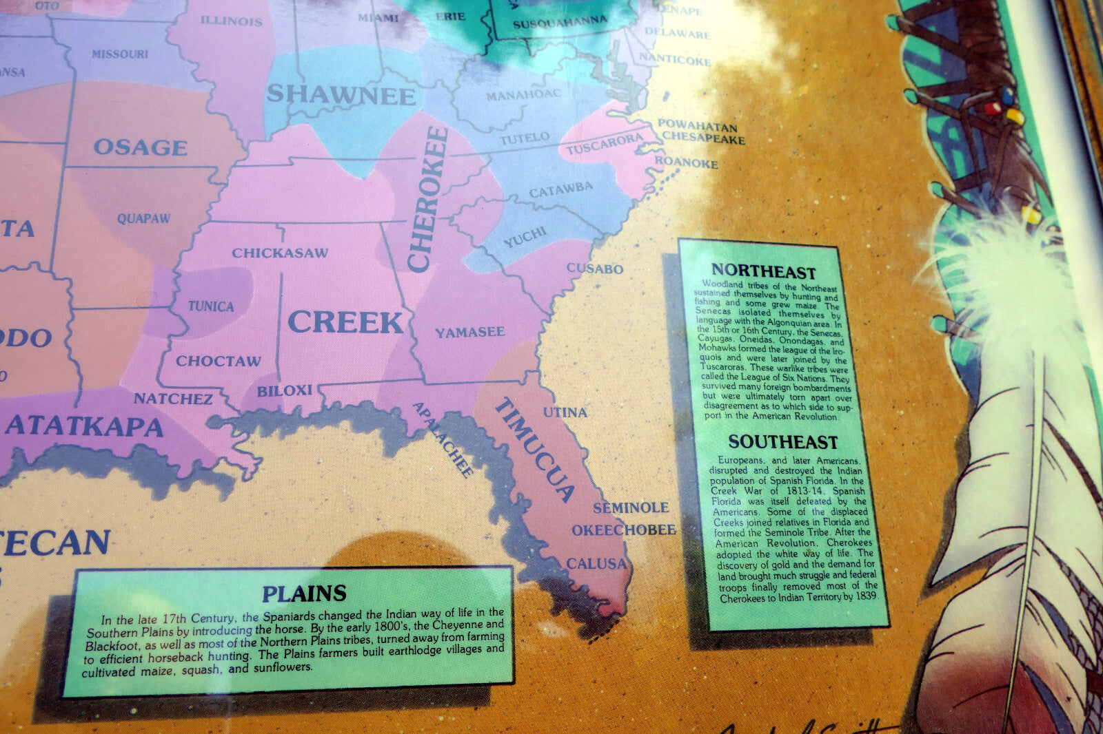 LARGE FRAMED TRIBES OF THE NaTIVE AMERICAN NATION PICTORIAL MAP Cherokee 1989