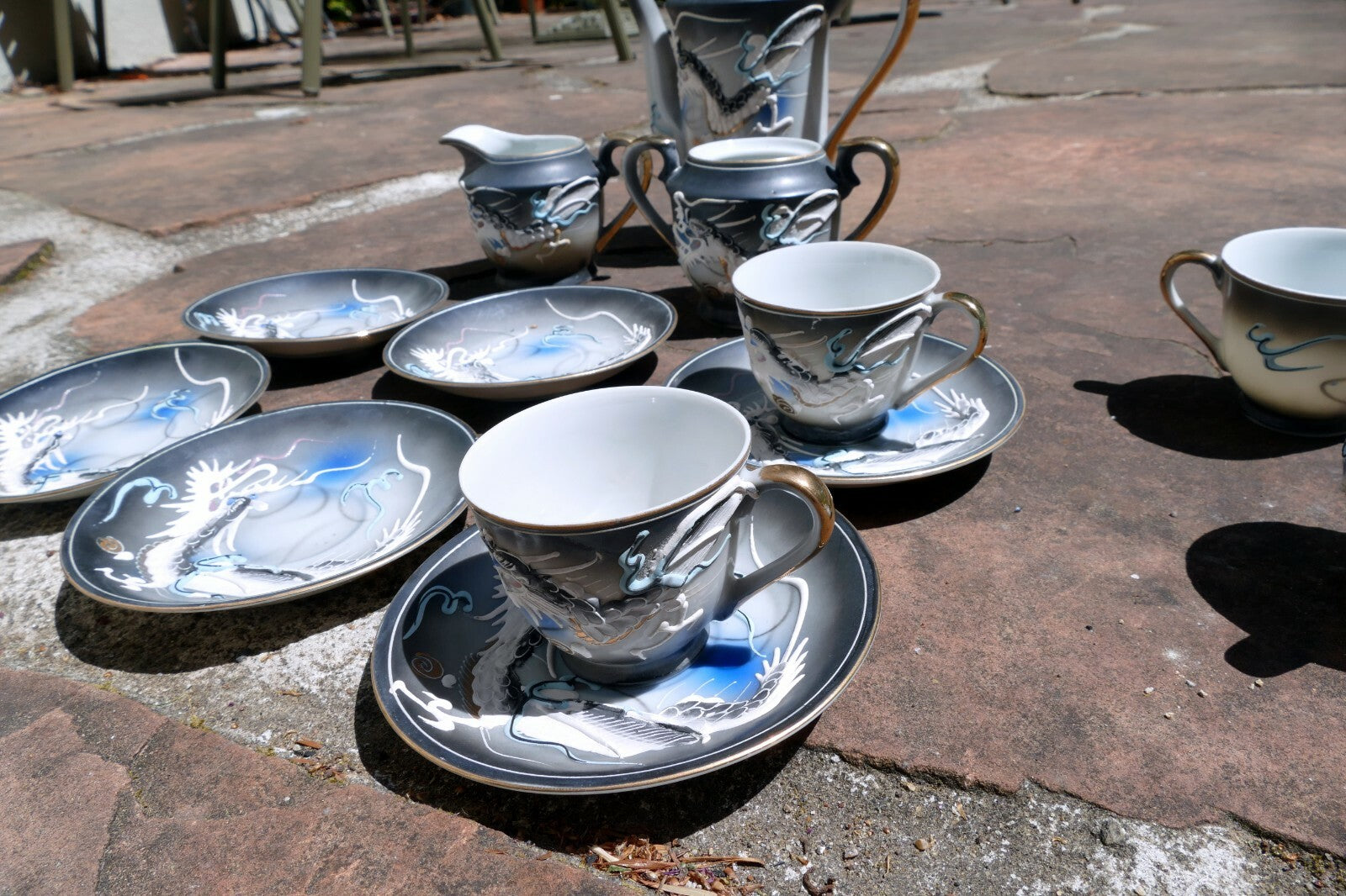 Tea set Creamer sugar Dragon Japan porcelain vintage Moriage  incomplete