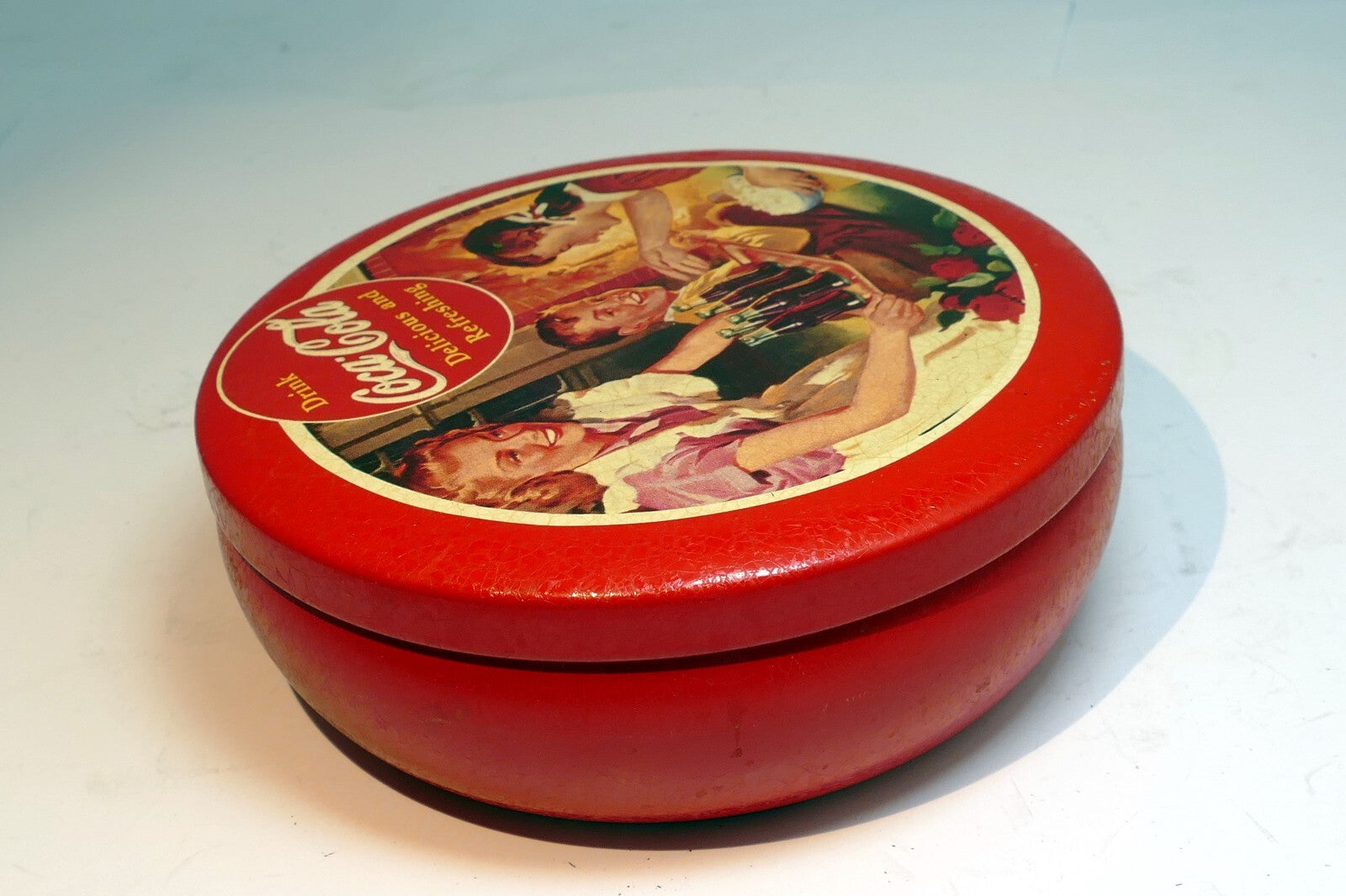 Coca-Cola Tin Can  Red & Gold "Delicious and Refreshing" Drink round 5"