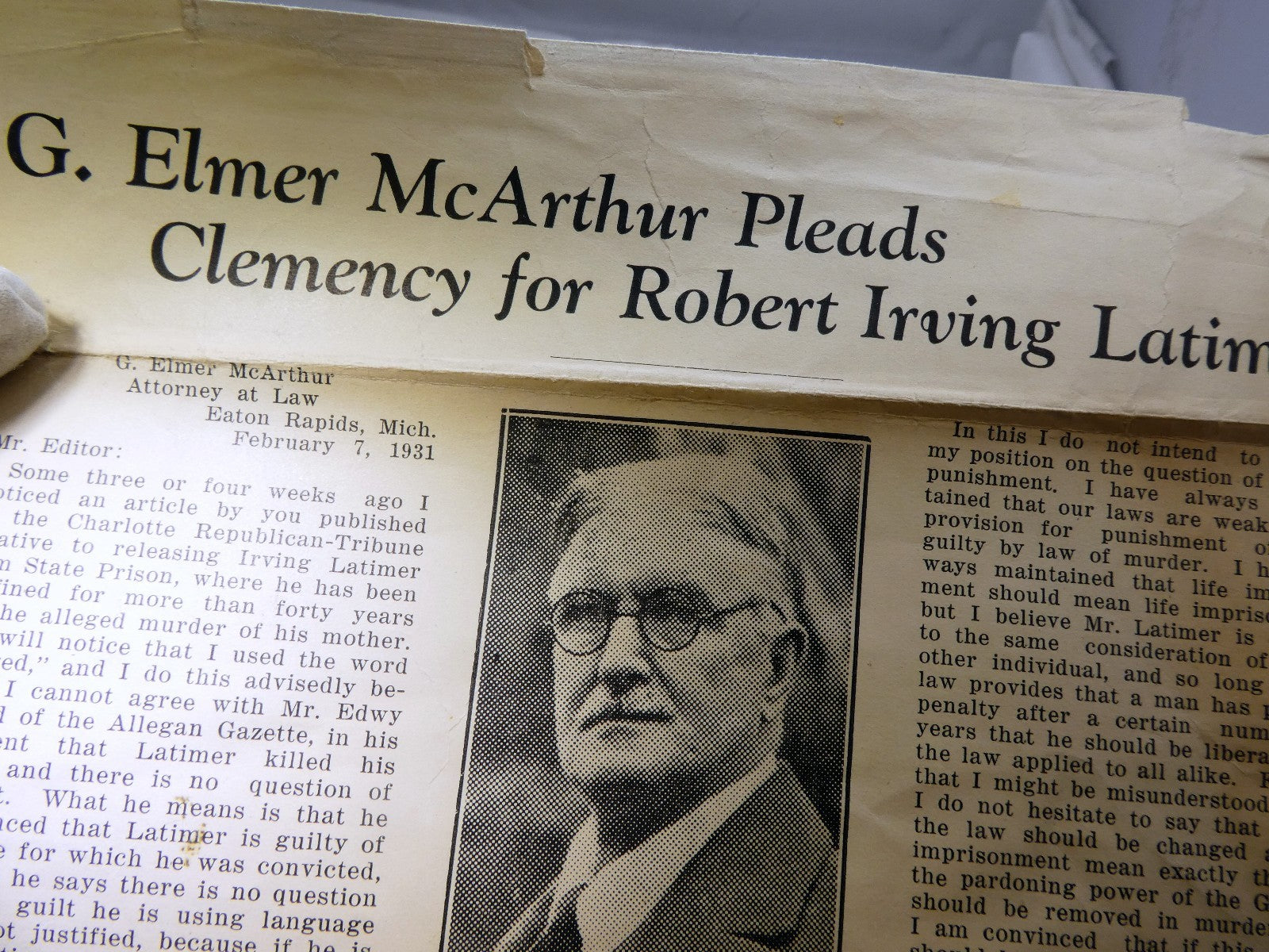 Newspaper clippings g. elmer mcarthur pleads clemency for robert irving matimer