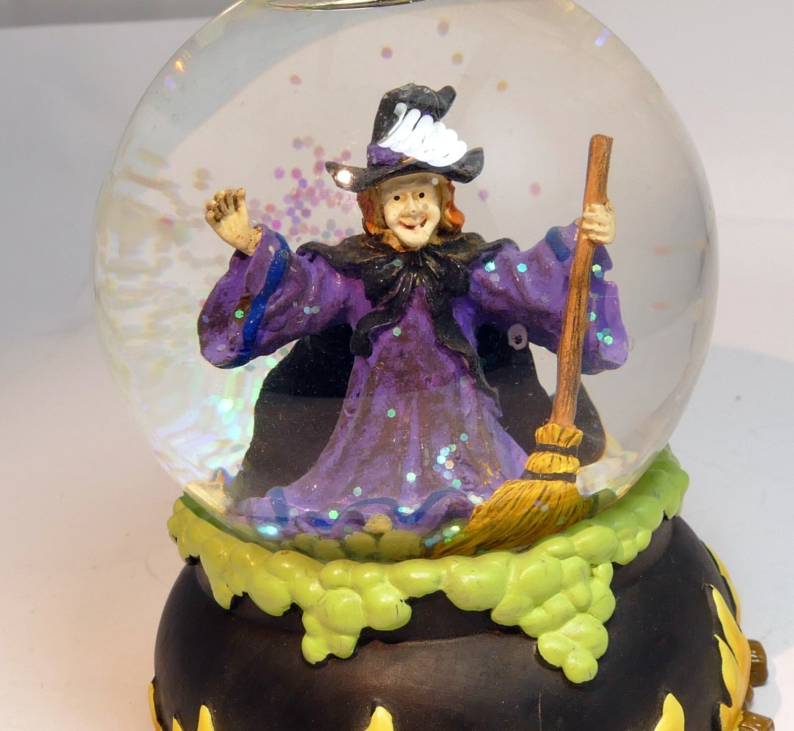 Halloween snow water globe ball 3" witch burning on fire with bats broom