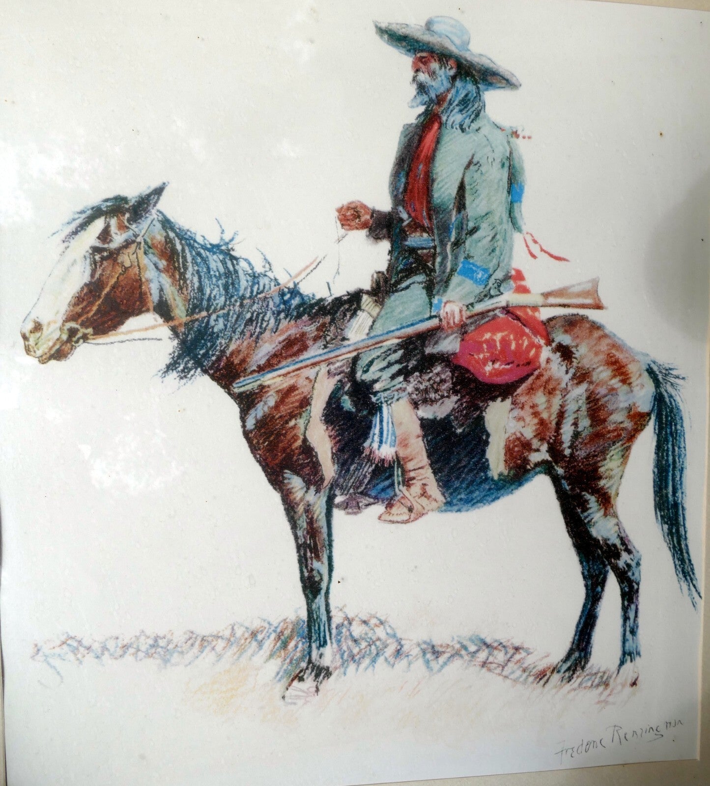 Old trapper signed frederic remington cowboy on a horse framed 11x14"