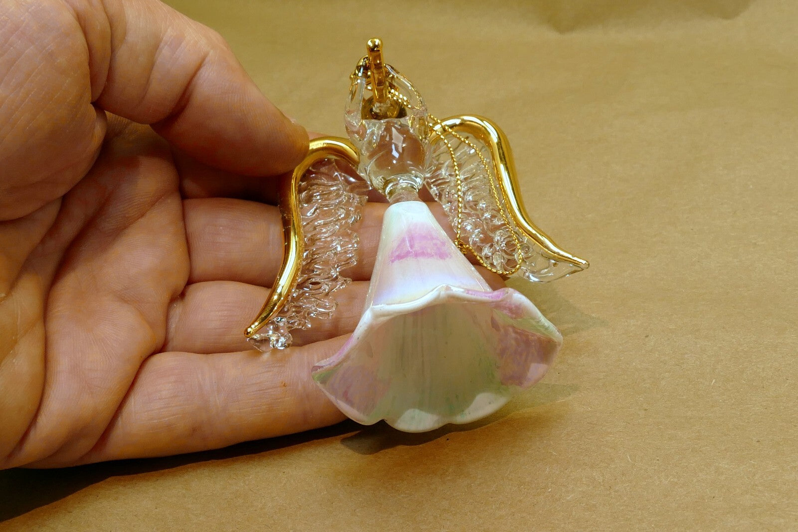 Spun Glass Crystal Christmas Ornament  Angel Gold with trumpet