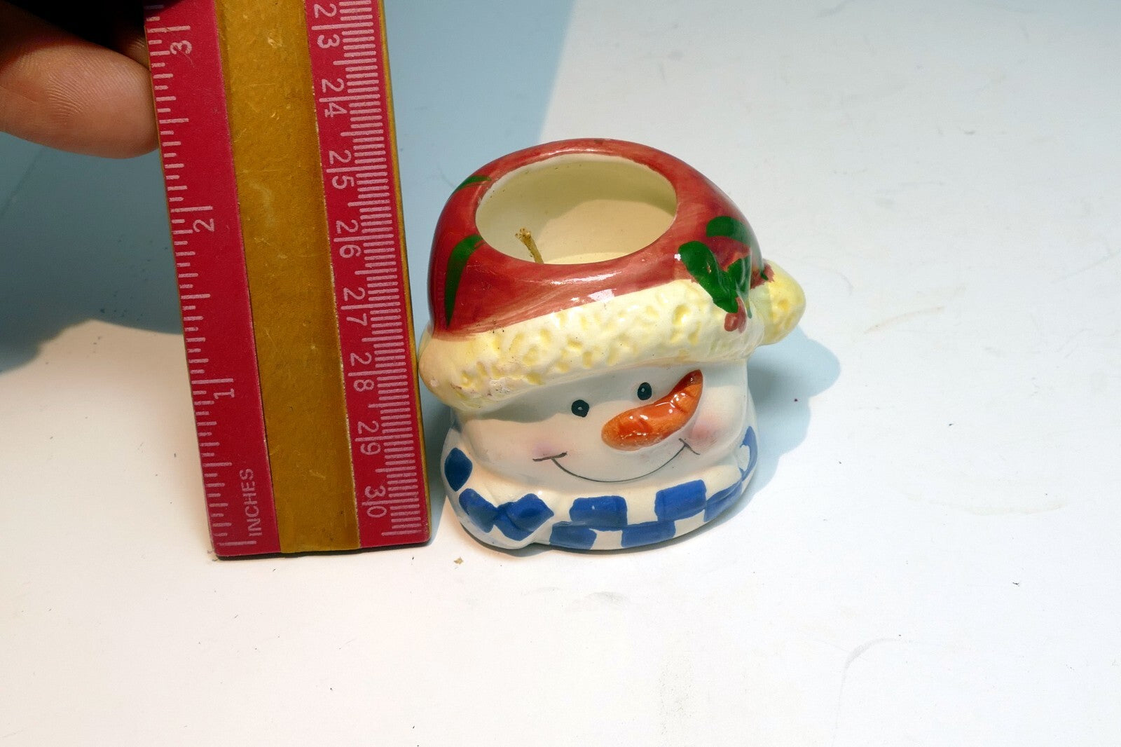 snowman tealight candle holder  vintage clay pottery