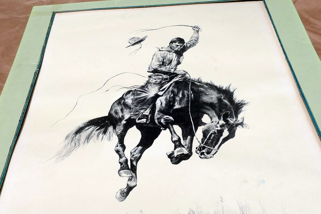 Running Bucker signed Frederic Remington cowboy on a bronco unframed 13X17"