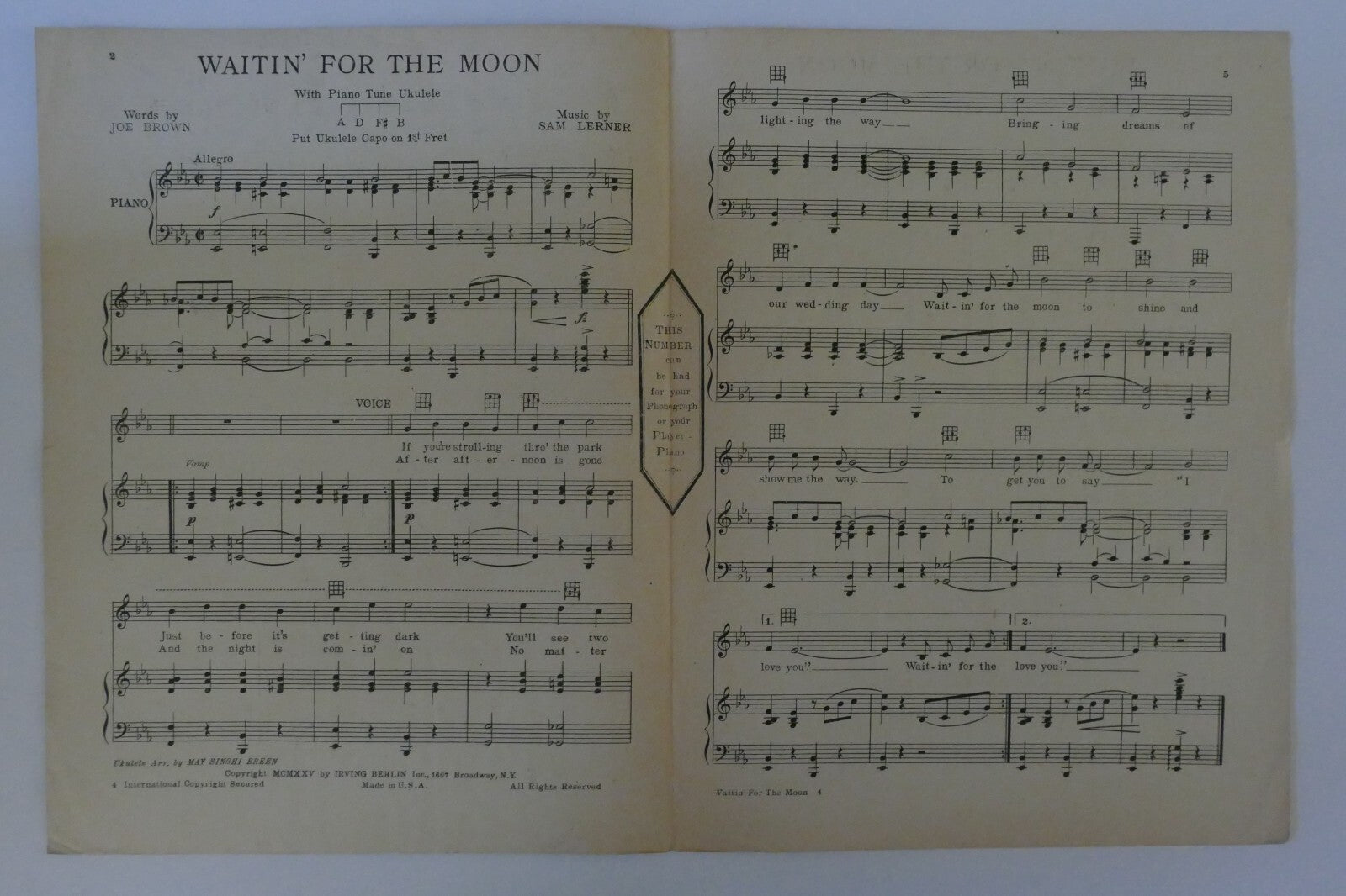 Waitin' For The Moon 1925, by Joe Brown and Sam Lerner, Irving Berlin Inc.