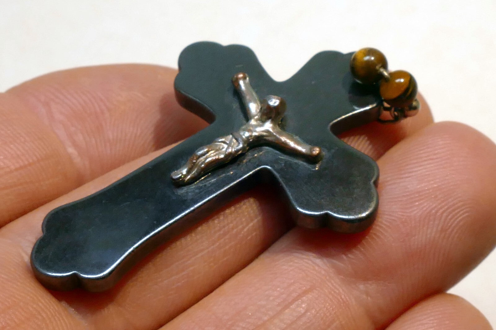 Metal Crucifix Cross Hematite Pendant vintage Italy 2"