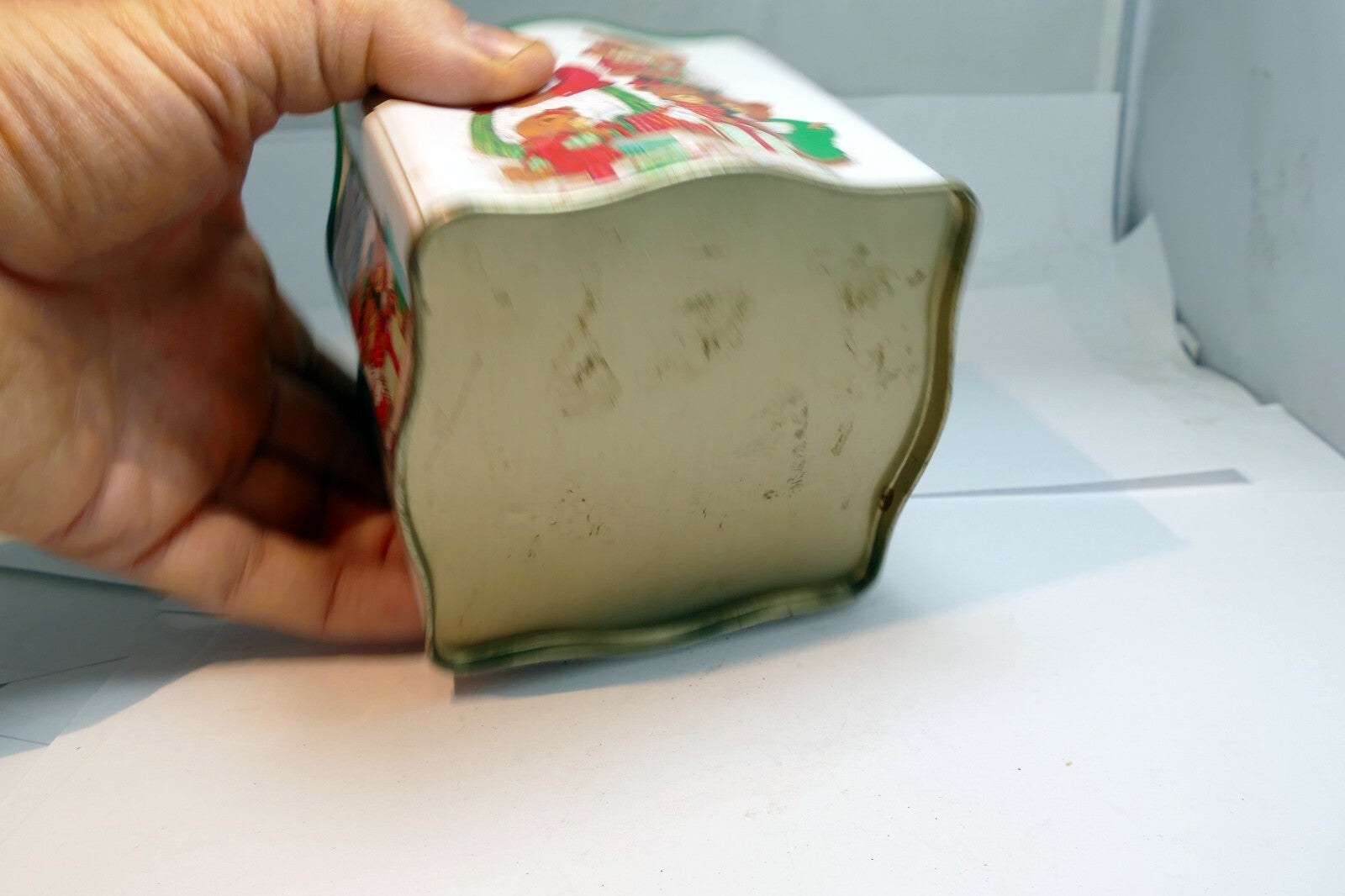 Empty Tin Box Tea can cookie 4X4X4" with Teddy Bear family  Christmas presents