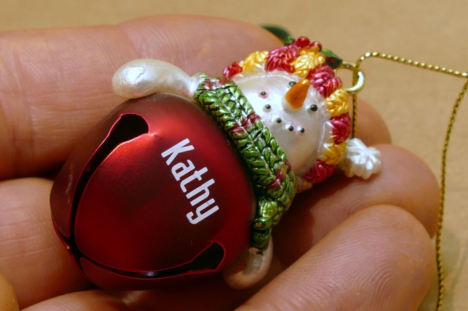 "Kathy" CHRISTMATS ORNAMENT 2" snowman with metal bell