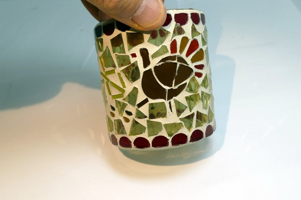 3" Glass Candle holder Red Yellow tealight hand made colorful Turkey bird