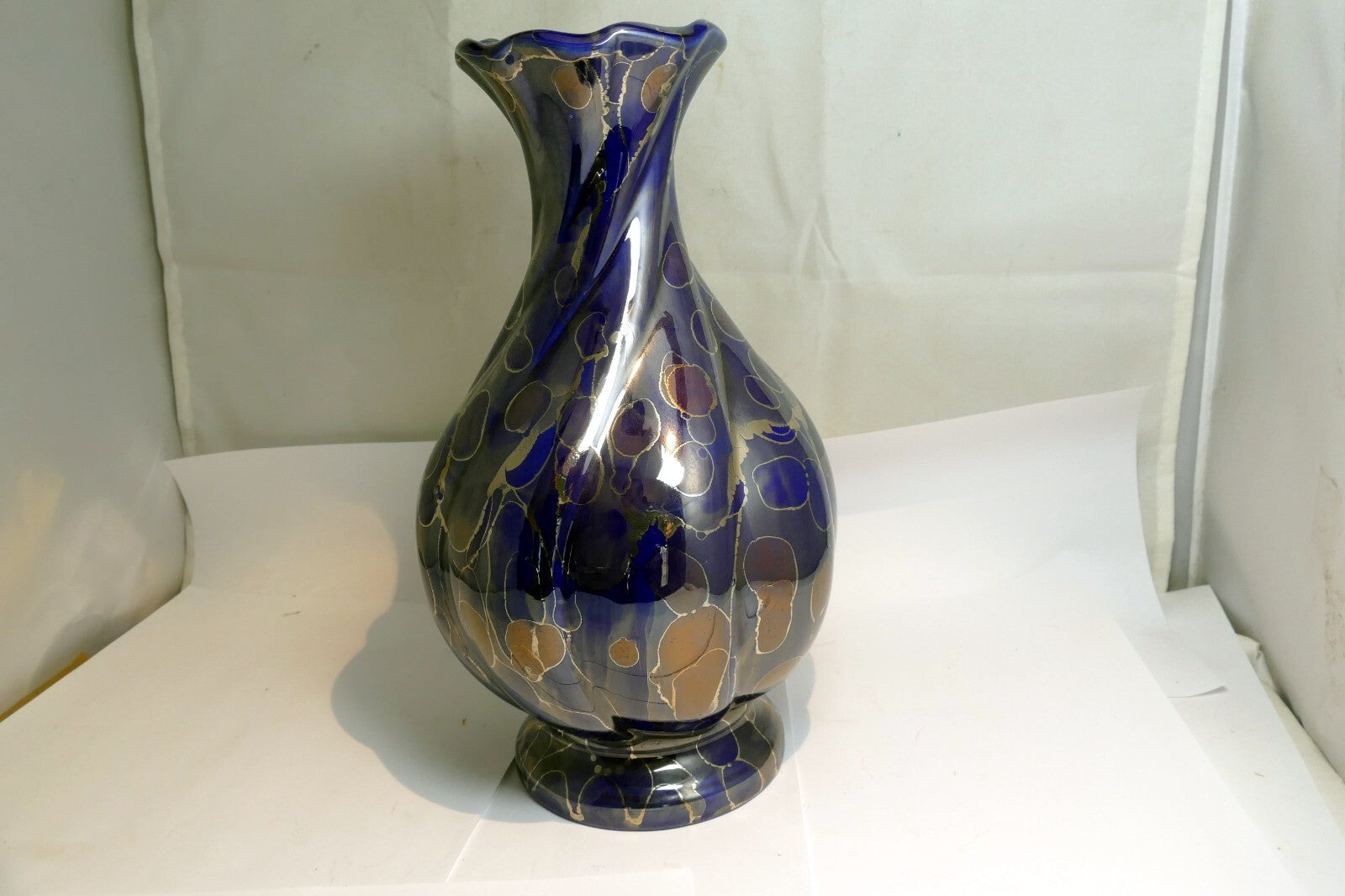Blue Luster  Vase With Gold Oil Spot Design Glass 10" high Vase