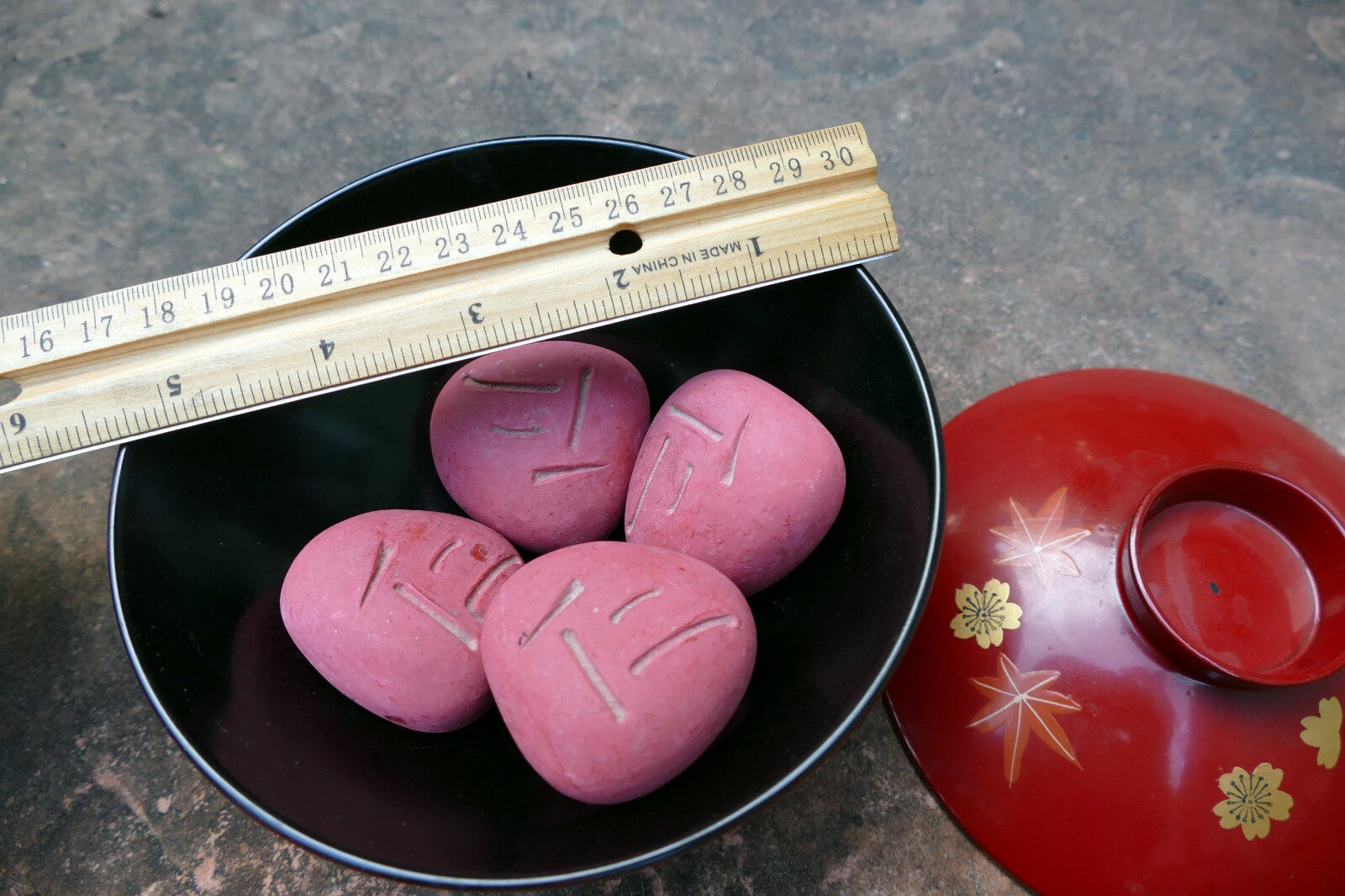 Japanese  massage stones with a bowl  vintage pink red
