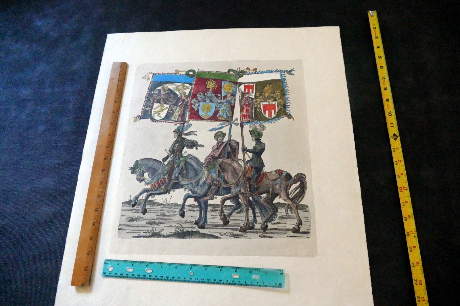 KNIGHT Flag Bearer HAND COLORED ENGRAVING large 21X24"