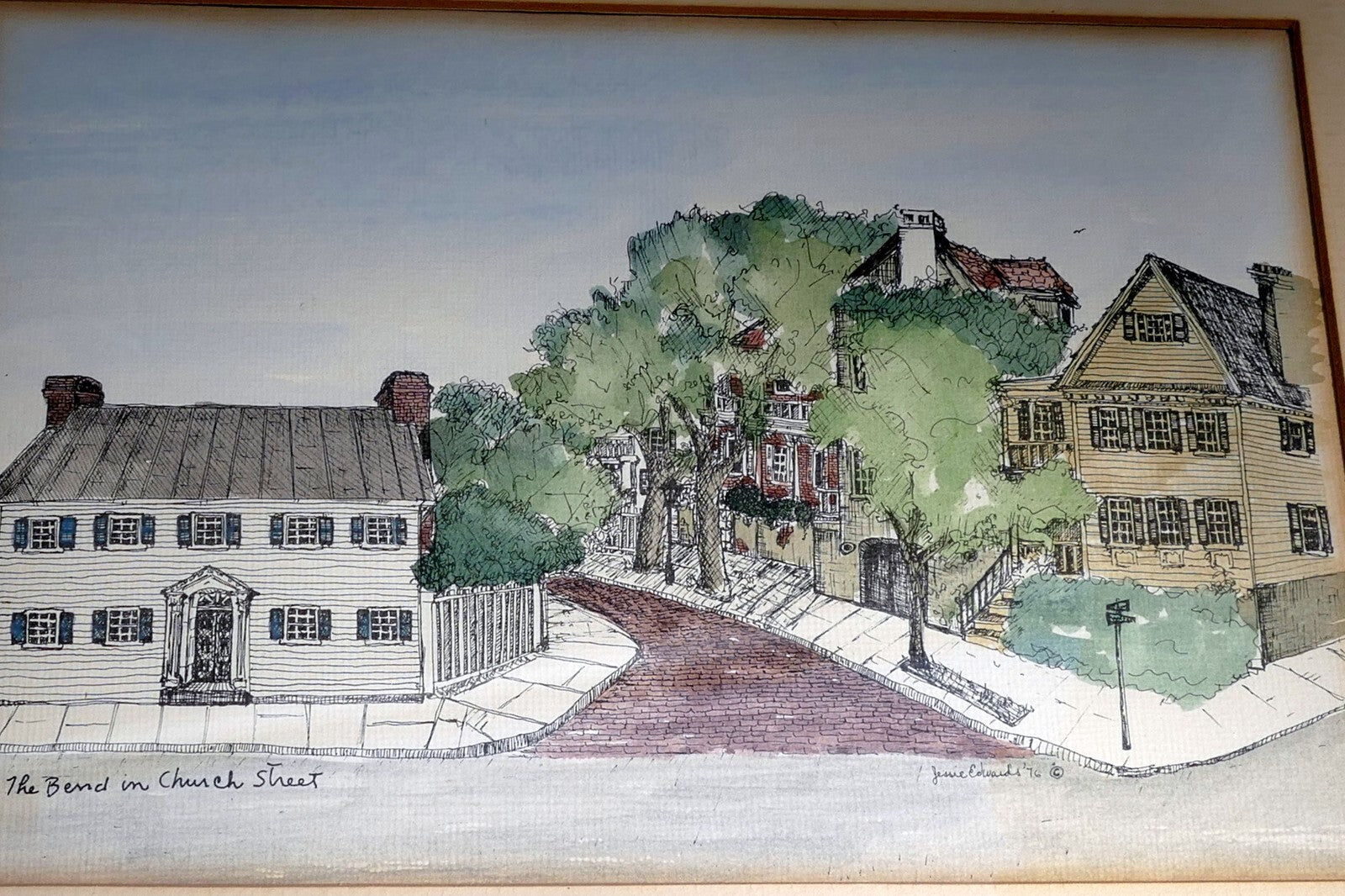 Jessie edwards   signed, framed watercolor print "the bend on church street"