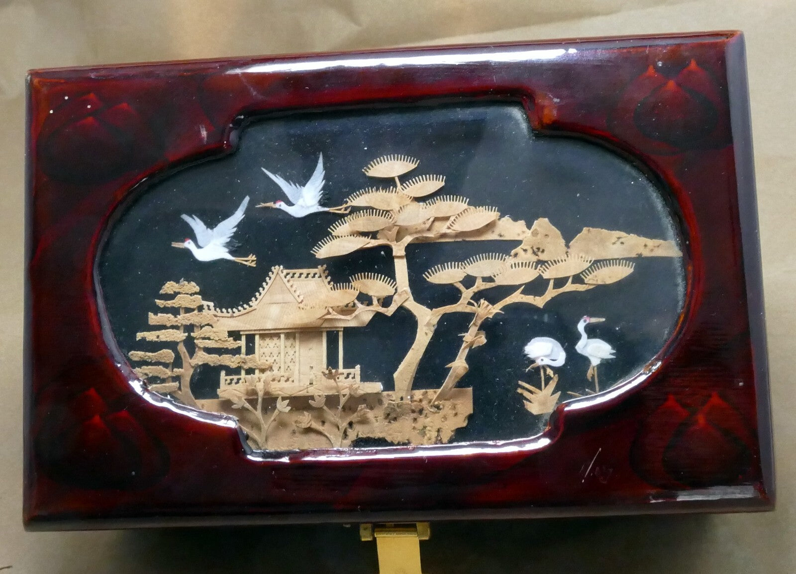 Stork cork diorama glass lacquer jewelry hinged box red pagoda wedding cranes